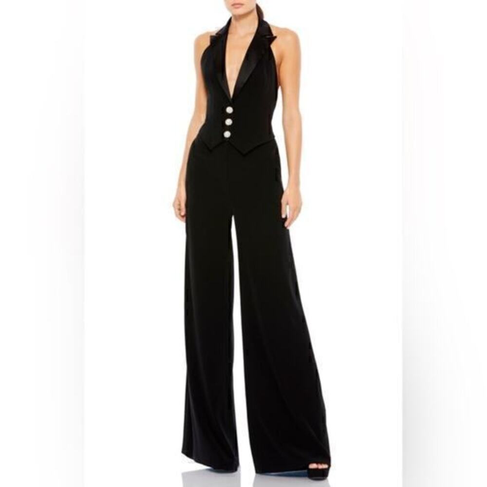 Mac Duggal Black Plunge‎ Halter Neck Open Back Tuxedo Jumpsuit Size 8
